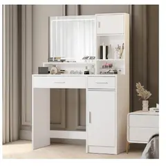 TU MESITA - Tocador Moderno Icarus color Blanco 2 cajones 2 puertas espejo LED