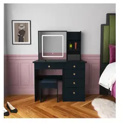 TU MESITA - Tocador Juvenil Jisa color Negro 5 cajones Espejo LED