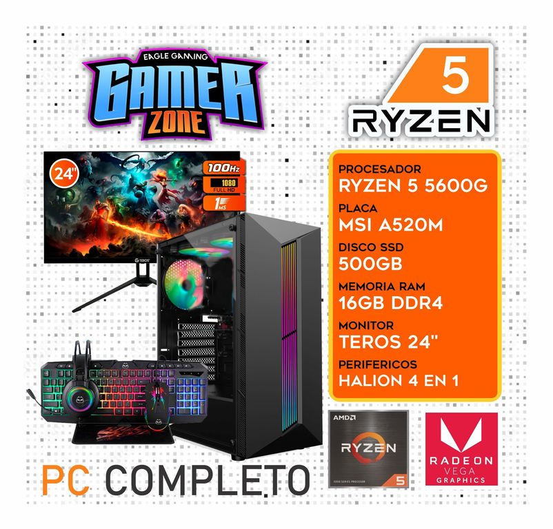 Computadora PC GAMER RYZEN 5 5600G RAM 16GB SSD 500GB Monitor 24" FULL HD