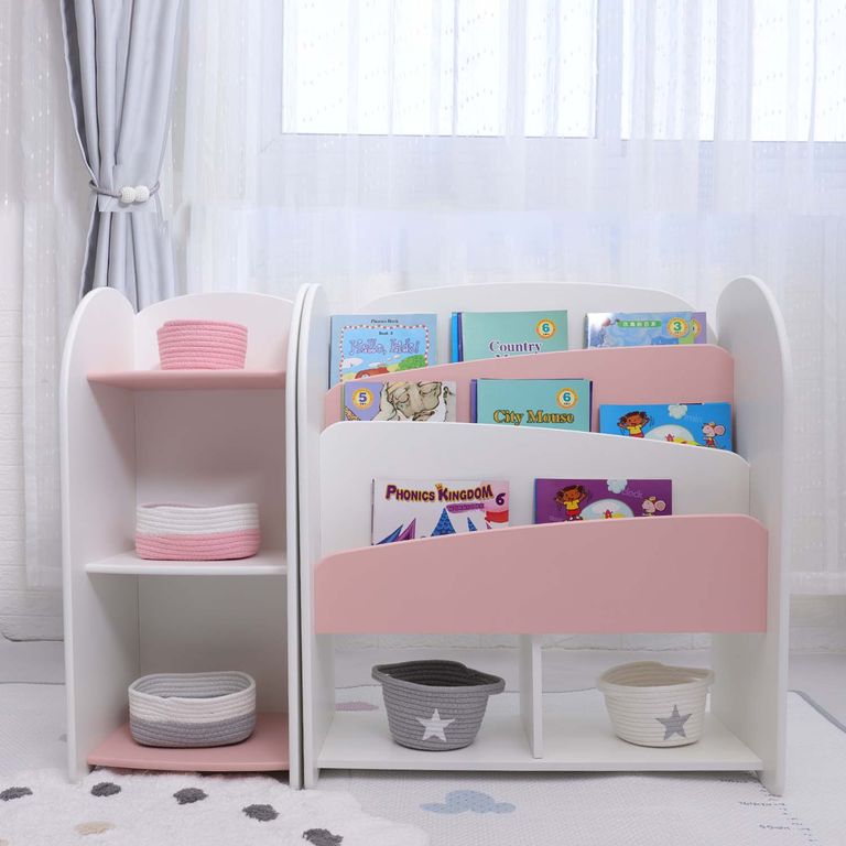 LIBRERO CON 3 NIVELES DE GABINETE DE NIÑOS DE MADERA ROSA