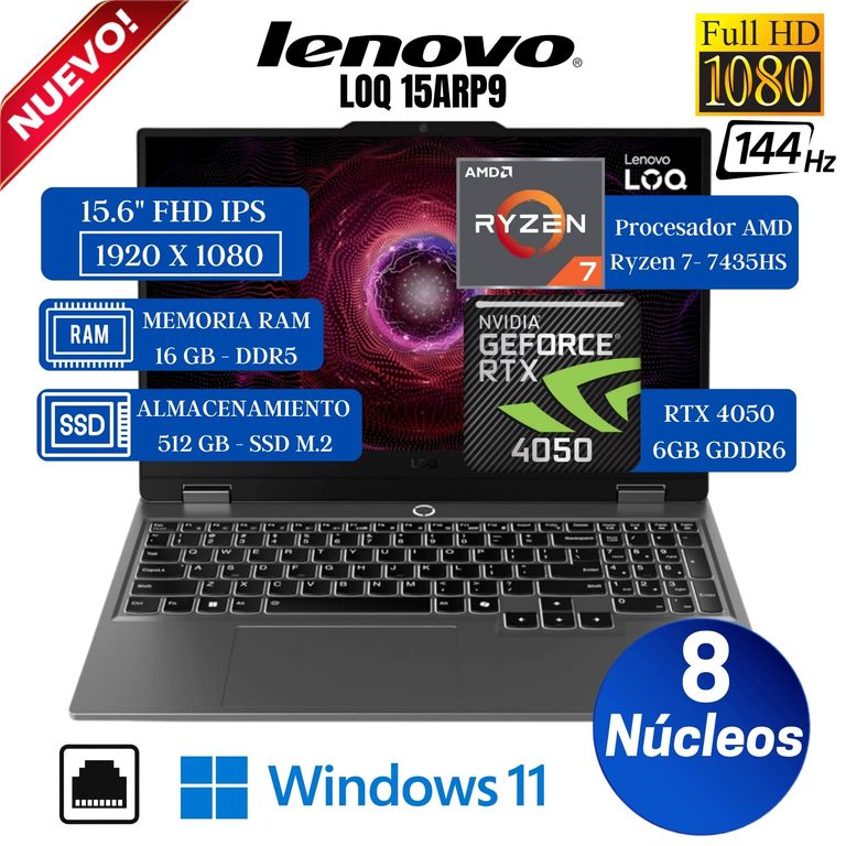 Laptop LOQ 15ARP9 15.6" FHD IPS, AMD RYZEN 7-7435HS, Ram 16GB, Ssd 512GB, Rtx 4050, Win 11