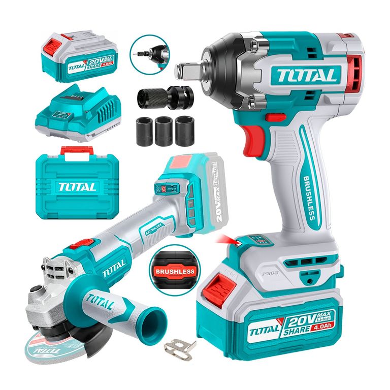 LLAVE IMPACTO 20V + AMOLADORA BRUSHLESS + ADAPTADOR ½ TOTAL