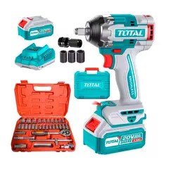 TOTAL TOOLS - LLAVE IMPACTO 20V BRUSHLESS + JUEGO DADOS 32PZ+ADAPTADOR ½