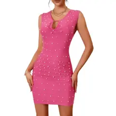 GENERICO - Vestido de malla rosa para mujer con perlas de accesorios
