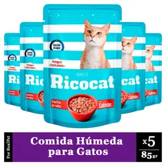 RICOCAT - Pack x5 Comida Húmeda para Gato Salmón 85gr