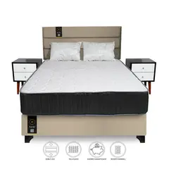 BARAKA HOME - Dormitorio Tuzla 2 Plz + Cabecera + Colchón + 2 Veladores vintage + 2 Cajones + 2 Almohadas - Beige Claro