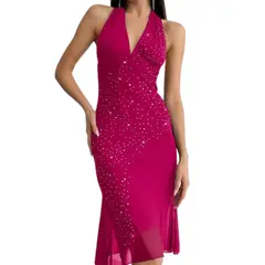 GENERICO - Vestido elegante fucsia sin mangas espalda descubierta decoración de pedrería