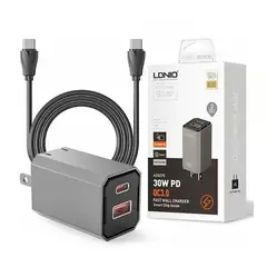 LDNIO - CARGADOR DE PARED A2527C 30W PD QC30 USB-C USB CABLE USB-C TO USB-C