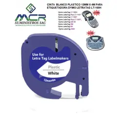 GENERICO - CINTA BLANCO PLASTICO 12MM X 4M PARA ETIQUETADORA DYMO LETRATAG LT-100H