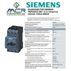 SIEMENS - GUARDAMOTOR TRIFASICO DE 1.4 a 2 amperios 400VAC 100KA SIRIUS