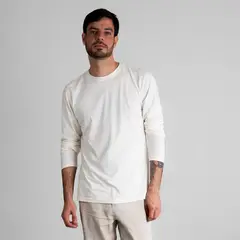 DROP THE LABEL - Polo Blanco Tiza Manga Larga para Hombre Cuello Redondo Algodón Pima