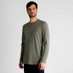 DROP THE LABEL - Polo Blanco Verde Oliva Manga Larga para Hombre Cuello Redondo Algodón Pima