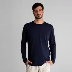 DROP THE LABEL - Polo Azul Oscuro Manga Larga para Hombre Cuello Redondo Algodón Pima