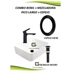 GREEN HOUSE - COMBO LAVATORIO LOZA BLANCO + MEZCLADORA PICO LARGO + ESPEJO