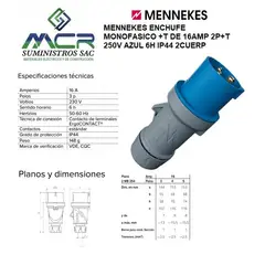 GENERICO - MENNEKES ENCHUFE MONOFASICO +T DE 16AMP 2P+T 250V AZUL 6H IP44 2CUERP