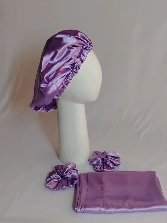 GORRO PARA DORMIR DE SATIN POR LOS DOS LADOS LILA + FUNDA DE ALMOHADA