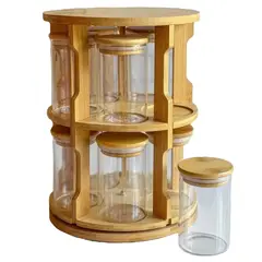 GENERICO - Condimentero Giratorio Bambú de 10 Frascos de Vidrio