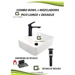 GREEN HOUSE - COMBO LAVATORIO BLANCO + MEZCLADORA MONOMANDO NEGRO + DESAGUE