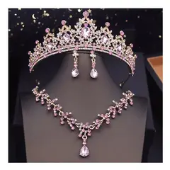 LA TIENDA 88 JOYAS Y ACCESORIOS - La Tienda 88 - Set Conjunto Corona Tiara collar y aretes Dorado - Rosa