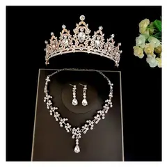 LA TIENDA 88 JOYAS Y ACCESORIOS - La Tienda 88 - Set Conjunto Corona Tiara collar y arete Blanco- Dorado