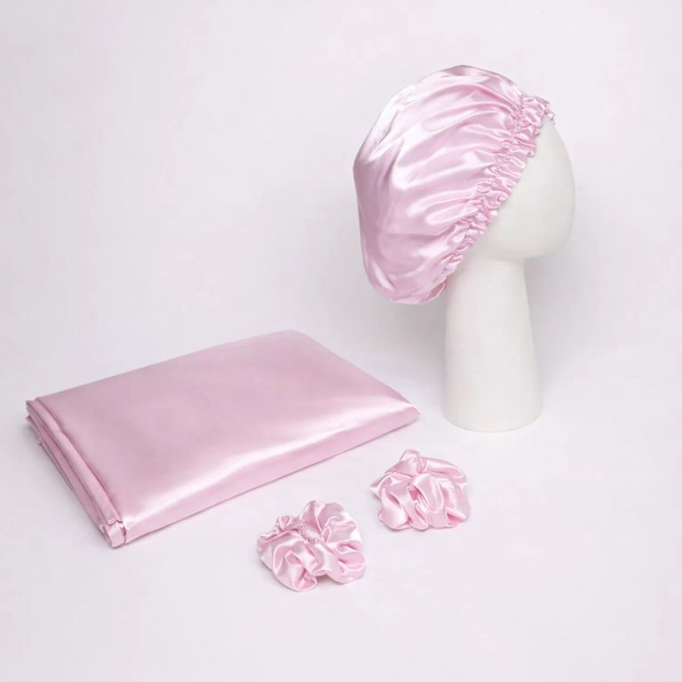 GORRO PARA DORMIR DE SATIN + FUNDA DE ALMOHADA ROSA BB