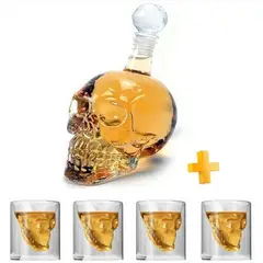 GENERICO - Set Licorera de Vidrio de 1 Litro + 4 Vasos Diseño Cráneo