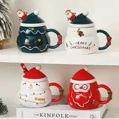 GENERICO - Taza Navideña con tapa de sombrero y cuchara de Papa Noel