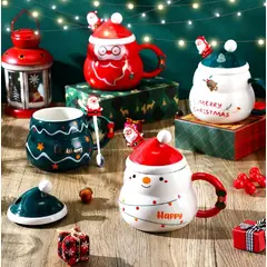 GENERICO - Taza Navideña con tapa de sombrero y cuchara de Papa Noel