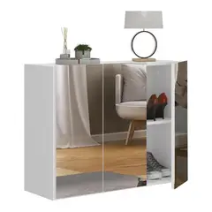 TU MESITA - Zapatera Flotante Kristal con Espejo 3 puertas color Blanco