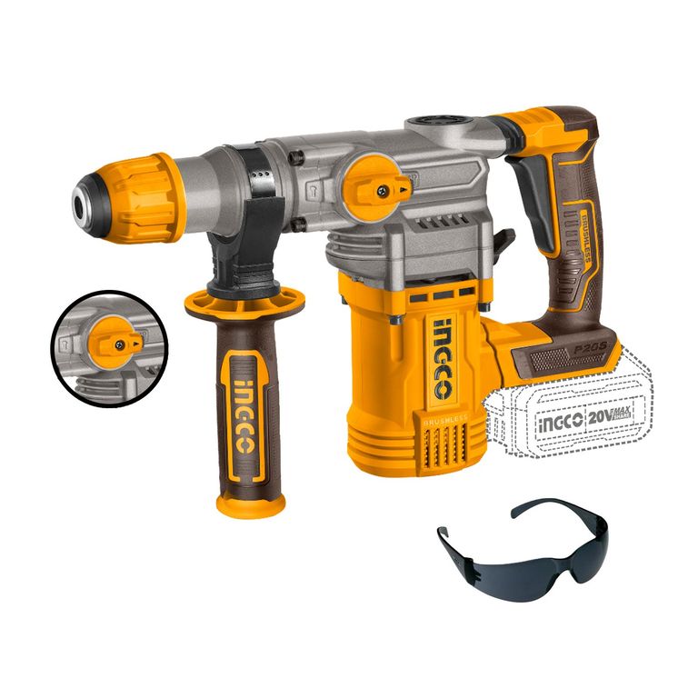 ROTOMARTILLO INALÁMBRICO 45J BRUSHLESS INGCO CONCRETO + LENTES