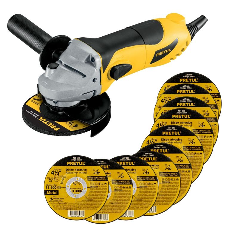 COMBO Amoladora Esmeriladora 4 1/2", 700 W, 10 discos de desbaste