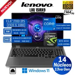 LENOVO - Laptop LOQ 15IRX9 15.6" FHD IPS, Core i7-13650HX, Ram 16GB, Ssd 512GB, Rtx 4050 6GB, Win 11