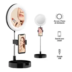 SEISA - Espejo Con Aro Luz Led Selfie Soporte Celular Streamers Maquillaje