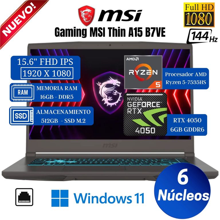 Laptop Thin A15 B7VE 15.6" FHD IPS, Ryzen 5-7535HS, Ram 16GB, Ssd 512GB, Rtx 4050, Win 11 Pro