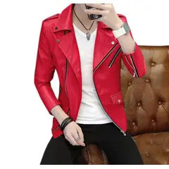 GENERICO - Casaca Biker para Hombre Cuero Poliuretano Slim Fit - ROJO