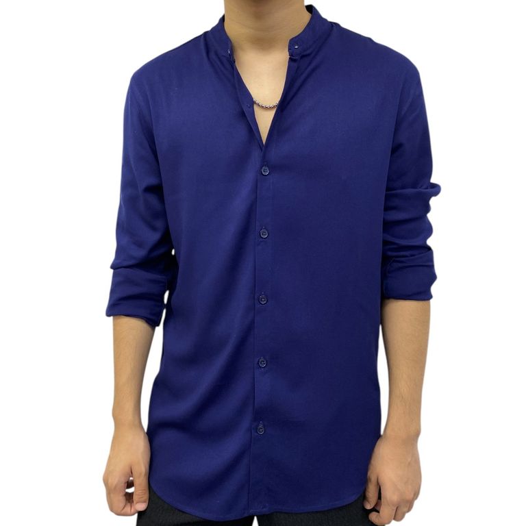Camisa Cuello Neru Manga Larga Azul De Hombre -