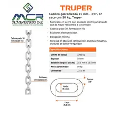 TRUPER - Cadena galvanizada 10 mm - 3/8", en saco con 50 kg, 22.75m