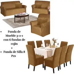 SALA FABULOSA - Pack Funda de mueble 3-2-1 con 8 fundas de silla Terciopelo Liso CAMEL