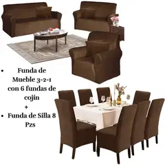SALA FABULOSA - Pack Funda de mueble 3-2-1 con 8 fundas de silla Terciopelo Liso CHOCOLATE