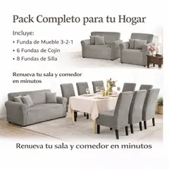 SALA FABULOSA - Pack Funda de mueble 3-2-1 con 8 fundas de silla Terciopelo Liso GRIS