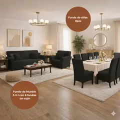 SALA FABULOSA - Pack Funda de mueble 3-2-1 con 8 fundas de silla Terciopelo Liso NEGRO