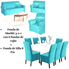 SALA FABULOSA - Pack Funda de mueble 3-2-1 con 8 fundas de silla Terciopelo Liso TURQUESA