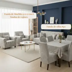 SALA FABULOSA - Pack Funda de mueble 3-2-1 con 8 fundas de silla Labrado GRIS