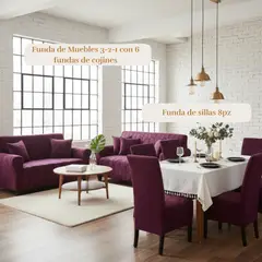 SALA FABULOSA - Pack Funda de mueble 3-2-1 con 8 fundas de silla Labrado GUINDA