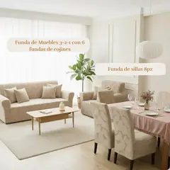 SALA FABULOSA - Pack Funda de mueble 3-2-1 con 8 fundas de silla Labrado PERLA