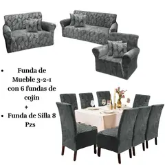 SALA FABULOSA - Pack Funda de mueble 3-2-1 con 8 fundas de silla Labrado PLOMO