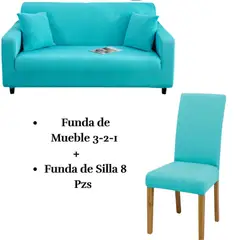 SALA FABULOSA - Pack Funda de Mueble 3-2-1 con 8 Fundas de Silla Lycra TURQUESA