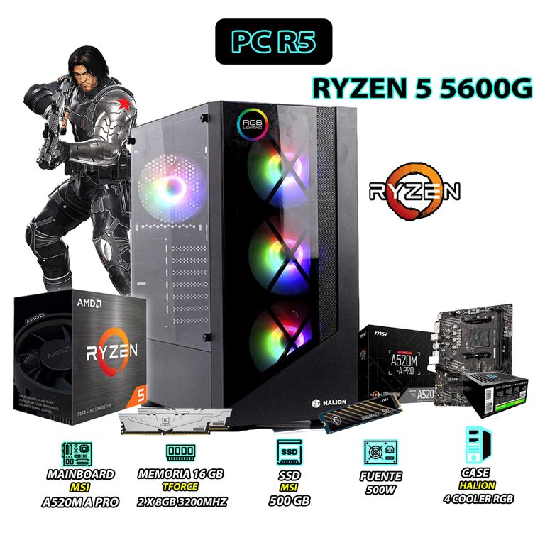 Computadora PC Ryzen 5 5600G RAM 16GB DISCO 500GB SSD CON GRAFICOS RADEON VEGA