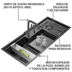 HIGRILL - Lavadero Multifuncional De Lujo y Grifería Dual de Acero Inoxidable 304 Negro con Recipiente para Residuos