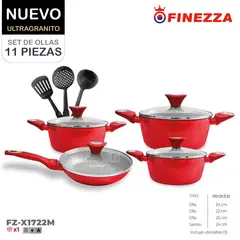 FINEZZA - Juego de ollas Antiadherentes Ultragranito de 11 pzs. FZ-X1722M - Rojo